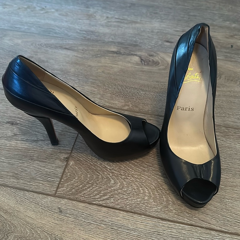 Black 5 inch Peep Toe Heels with Red Bottoms
